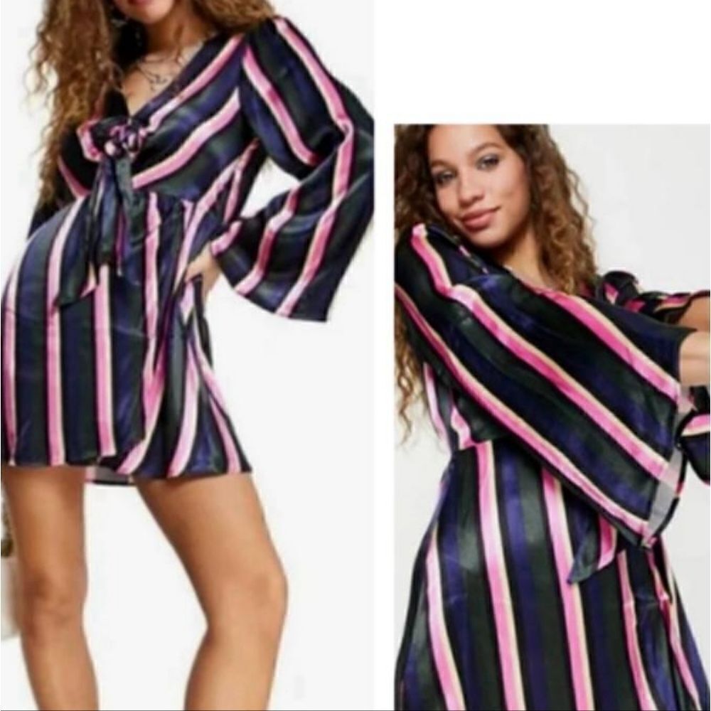 Topshop Women's Stripe Knot Front Long Sleeve Mini Dress Size 8